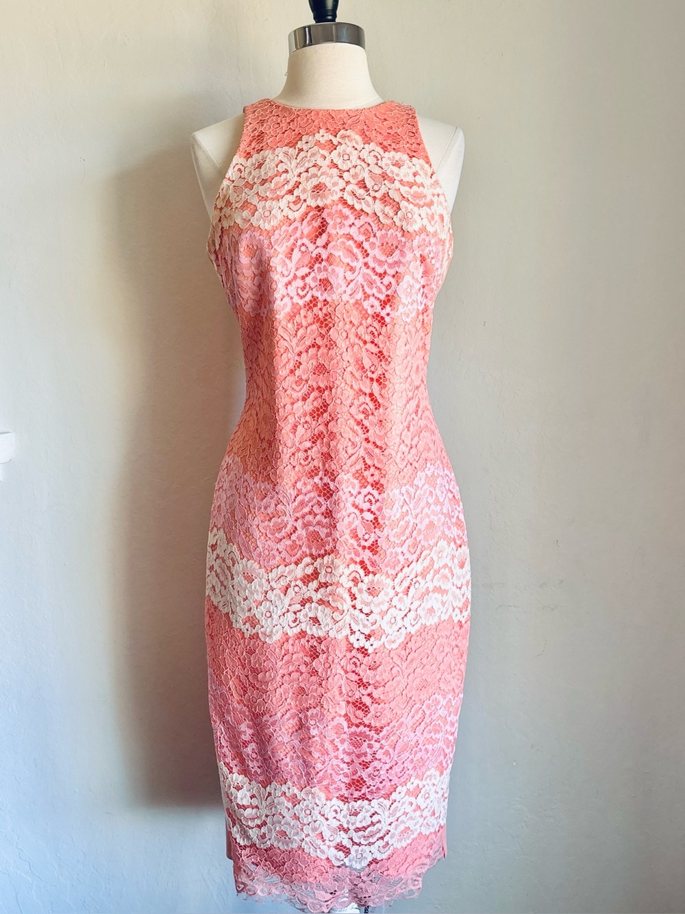 Alexia Admor Sleeveless Multicolor Lace Sheath Dress, Coral Pink, Sz M